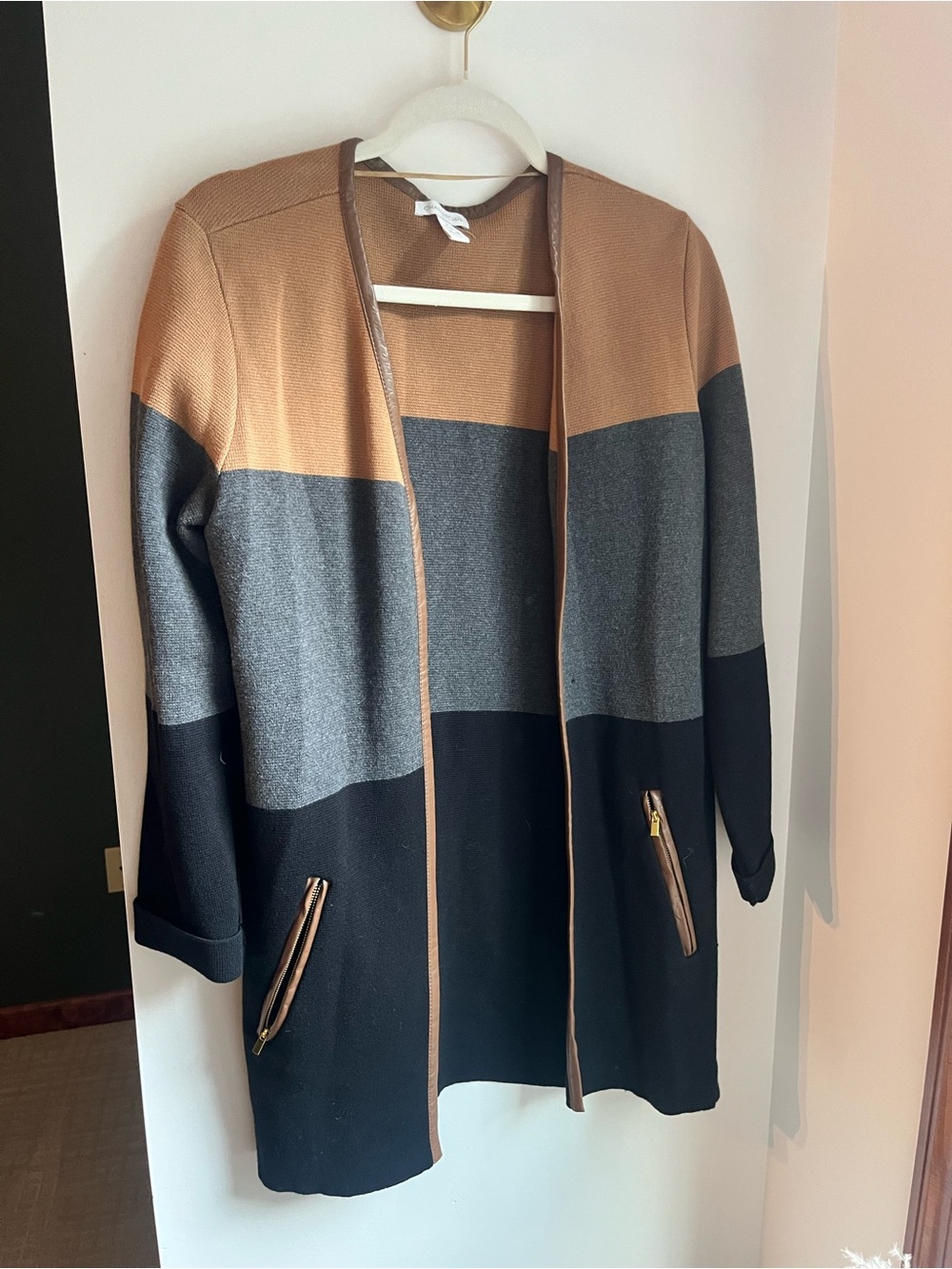 Charter Club Colorblock Open-Front Cardigan - Camel, Gray & Black